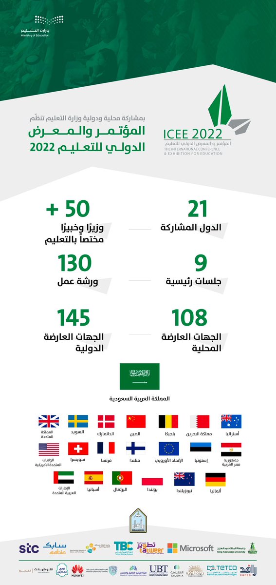 #المؤتمر_والمعرض_الدولي_للتعليم فرصة نوعية، يلتقي فيها طلبة وأساتذة الجامعات والكليات والمهتمين بالتعليم في المملكة، بمسؤولي التعليم والخبراء والجامعات من مختلف دول العالم.  
للتسجيل والمشاركة:
  Icee.sa
#ICEE2022