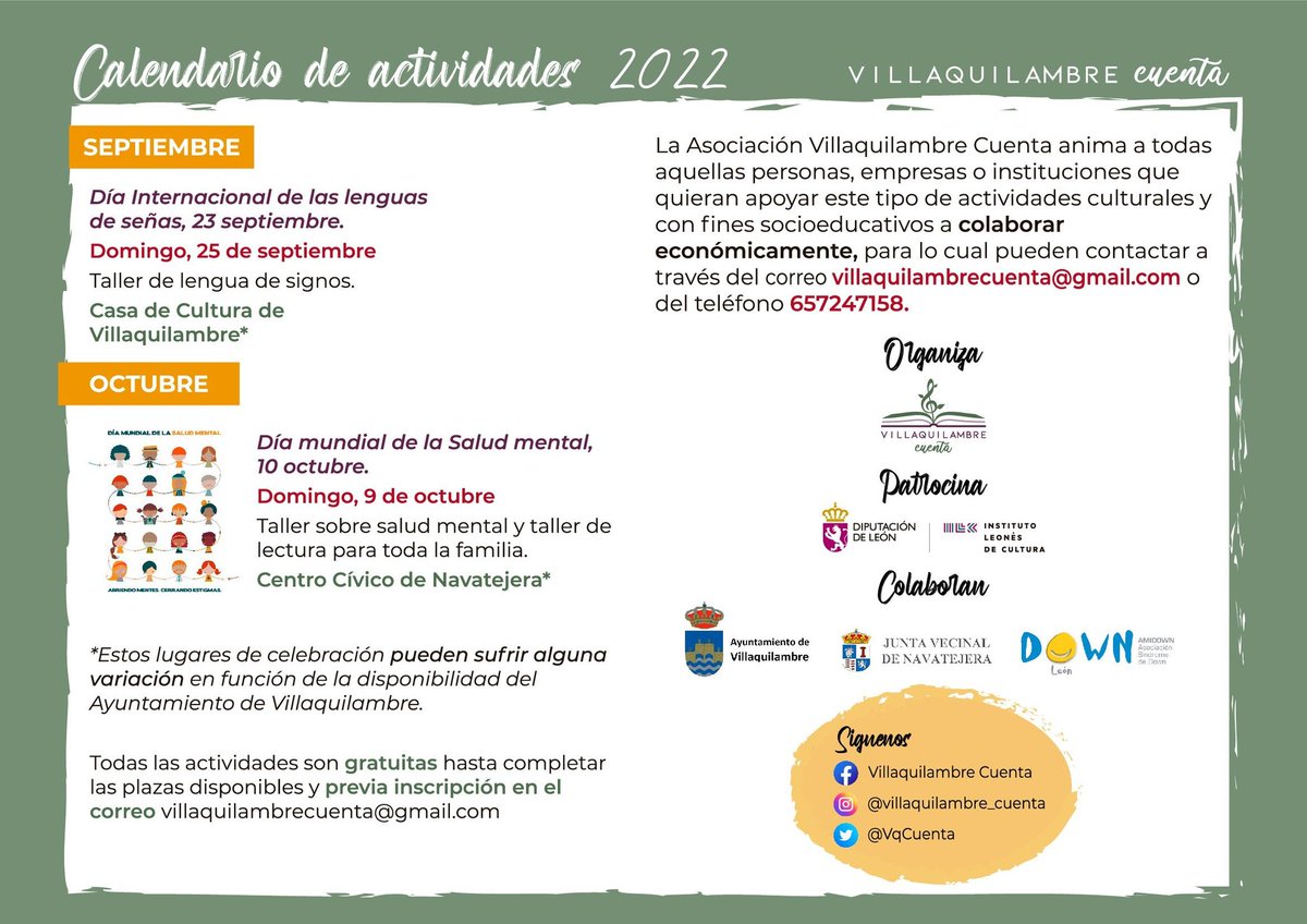 VqCuenta's tweet photo. ¿Conoces ya la Asociación Villaquilambre Cuenta?
Te dejamos aquí el calendario de actividades culturales y socioeducativas previstas para este año y te animamos a colaborar haciéndote socio/a por solo 10€/año por familia.
Contacto: villaquilambrecuenta@gmail.com
#Villaquilambre https://t.co/w3AdB9ZKz6