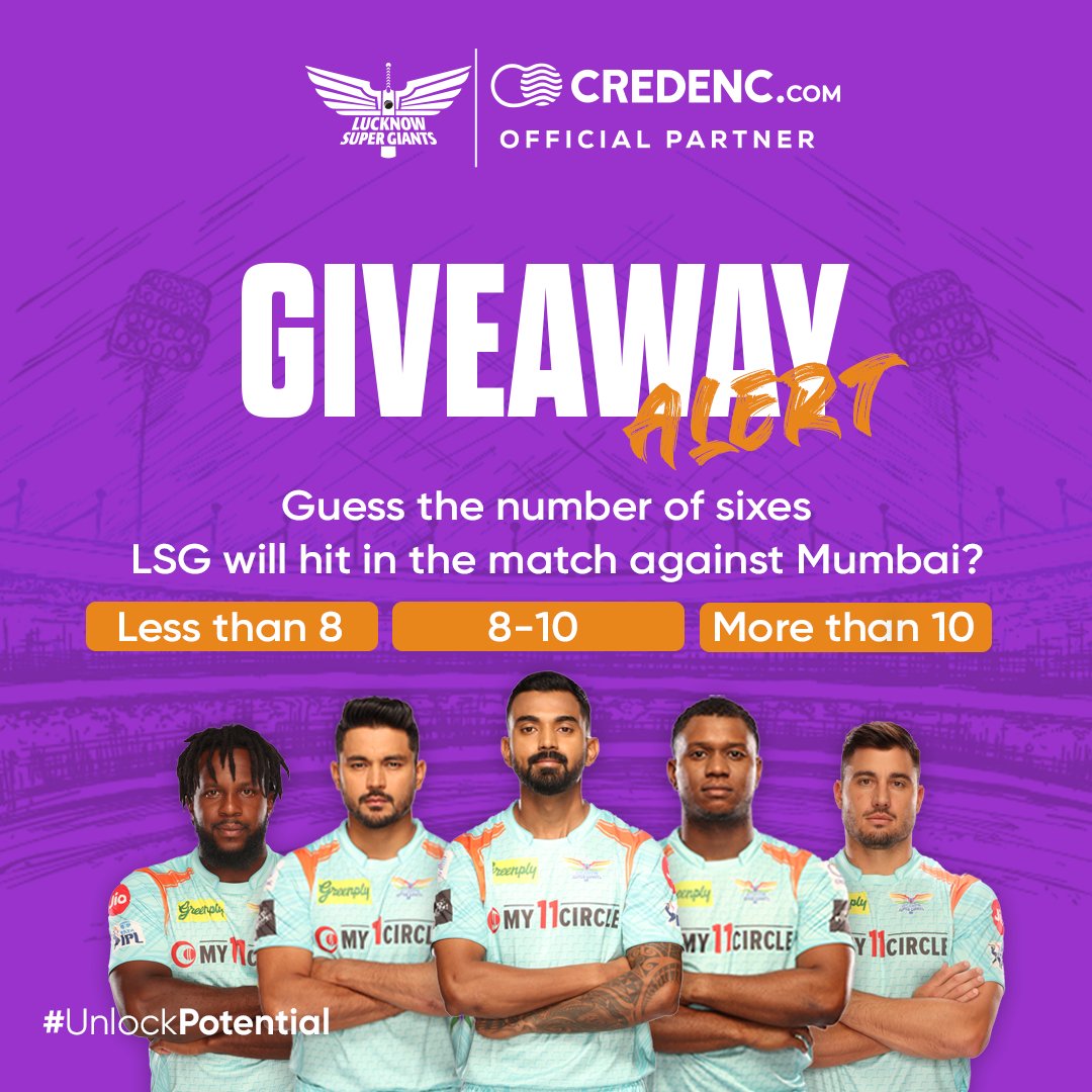 CredencIndia's tweet image. Giveaway #7: Guess the number of sixes #LSG will hit in the match against #Mumbai happening on 24th April? 

Rules:
1. Follow @CredencIndia, like and retweet this post
2. Tag 2 of your friends and use #UnlockPotential 

Deadline: Sunday, 07:30 PM!
#Giveaway #ContestAlert