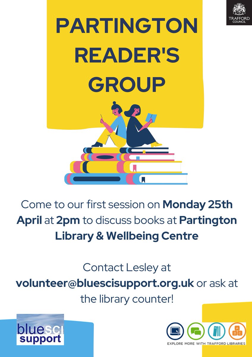 TraffLibraries's tweet photo. Those near #Partington we have a new book club starting at the library this Monday at 2pm! 📚

The first session will be to get to know each other and choose a book together! In partnership with #BlueSci and #TraffordLibraries https://t.co/maGeCNII8Q
