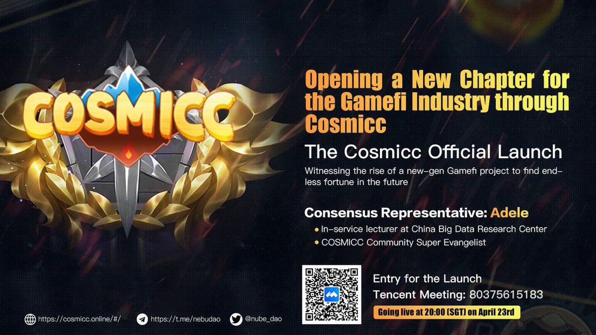 cosmicc_gamefi's tweet photo. At 20:00 on April 23 (SGT), Tencent conference room, we sincerely invite all #GameFi fans to participate in the grand party before the launch of #Cosmicc! https://t.co/8JS5NHyJi6