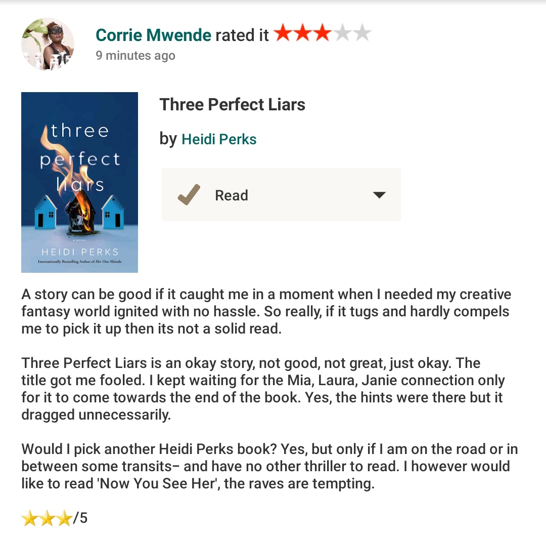 corriemwende's tweet photo. A story can be good if it caught me in a moment when I needed my creative fantasy world ignited with no hassle. So really, if it tugs and hardly compels me to pick it up, then its not a solid read.
#ThreePerfectLiars ๐ is just okay. That secret though, not so deadly.
โญโญโญ/5 https://t.co/y07Vg6m8B4
