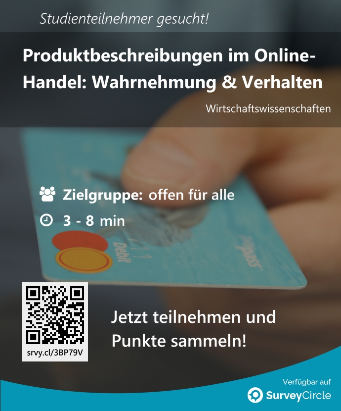 SurveyCircle's tweet image. Teilnehmer gesucht für top-platzierte Online-Studie:

&quot;Produktbeschreibungen im Online-Handel: Wahrnehmung &amp;amp; Verhalten&quot; surveycircle.com/3BP79V/ via @SurveyCircle

#online #werbung #produktbeschreibung #bachelorthesis #umfrageteilnehmer #umfrage #surveyc…