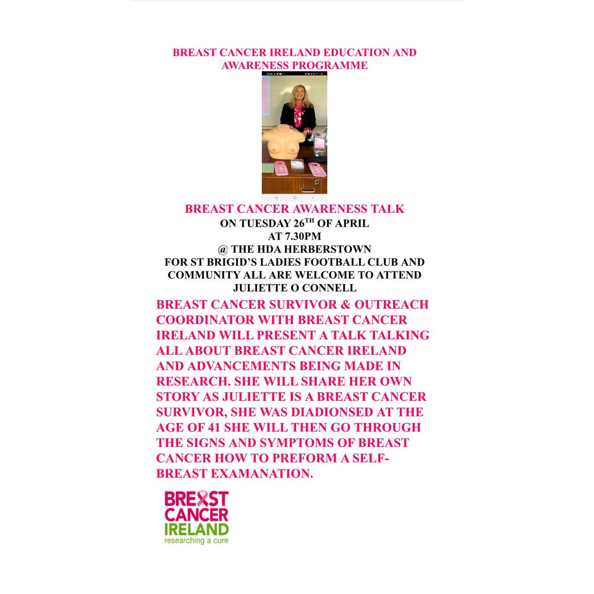 Breast cancer awareness talk been held in the HDA Herbertstown on Tuesday April 26th at 7.30pm. All are welcome to attend
