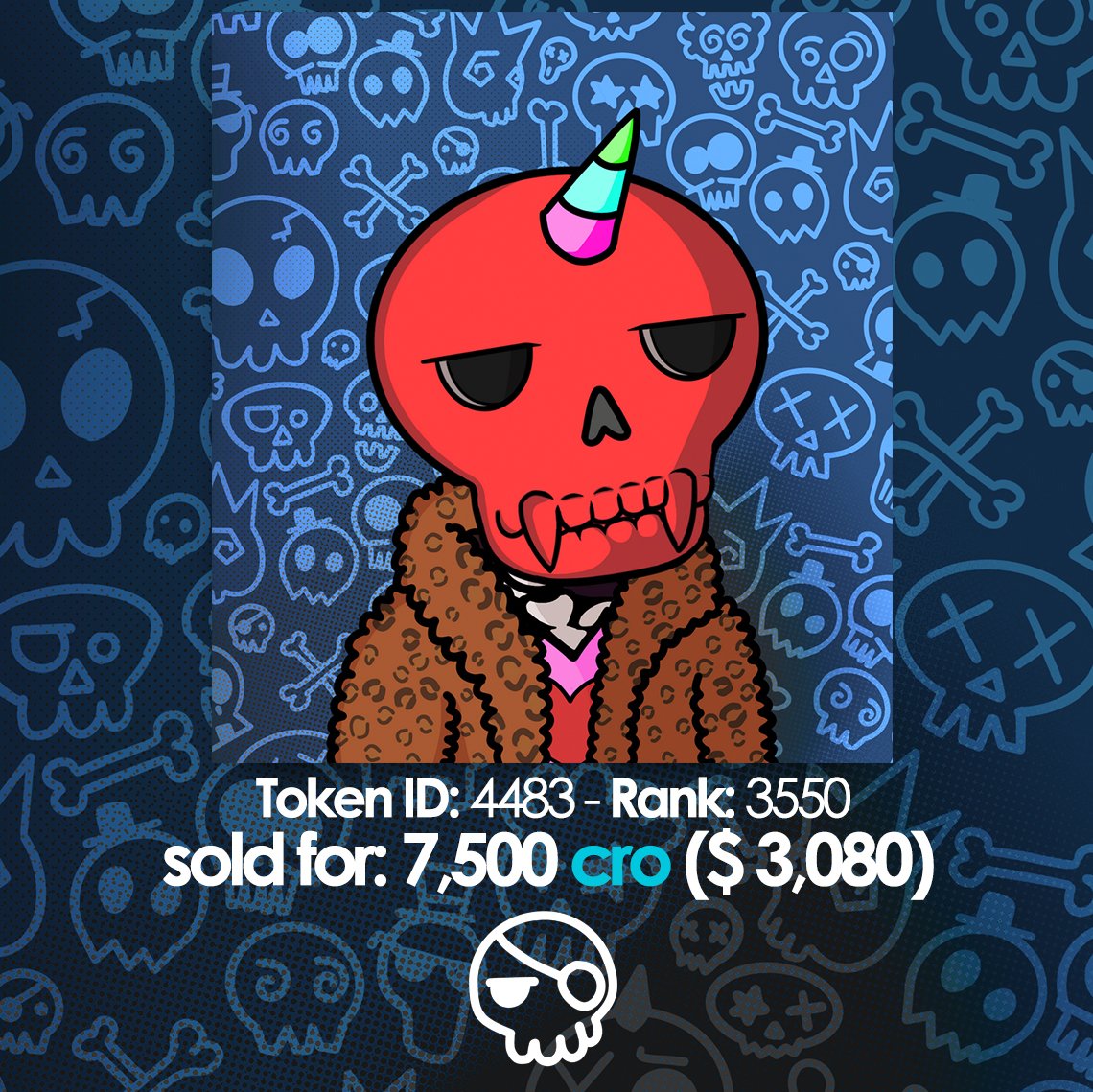 CroskullNFT's tweet photo. SALE OF THE DAY! 🔥

Rank #3550 sold for 7500 #cro!

#CroSkull #cronosNFT #crofam #cronos #skullvolution https://t.co/B9h0qh132L