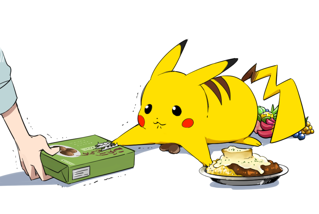 pikachu pokemon (creature) curry food trembling rice white background berry (pokemon)  illustration images