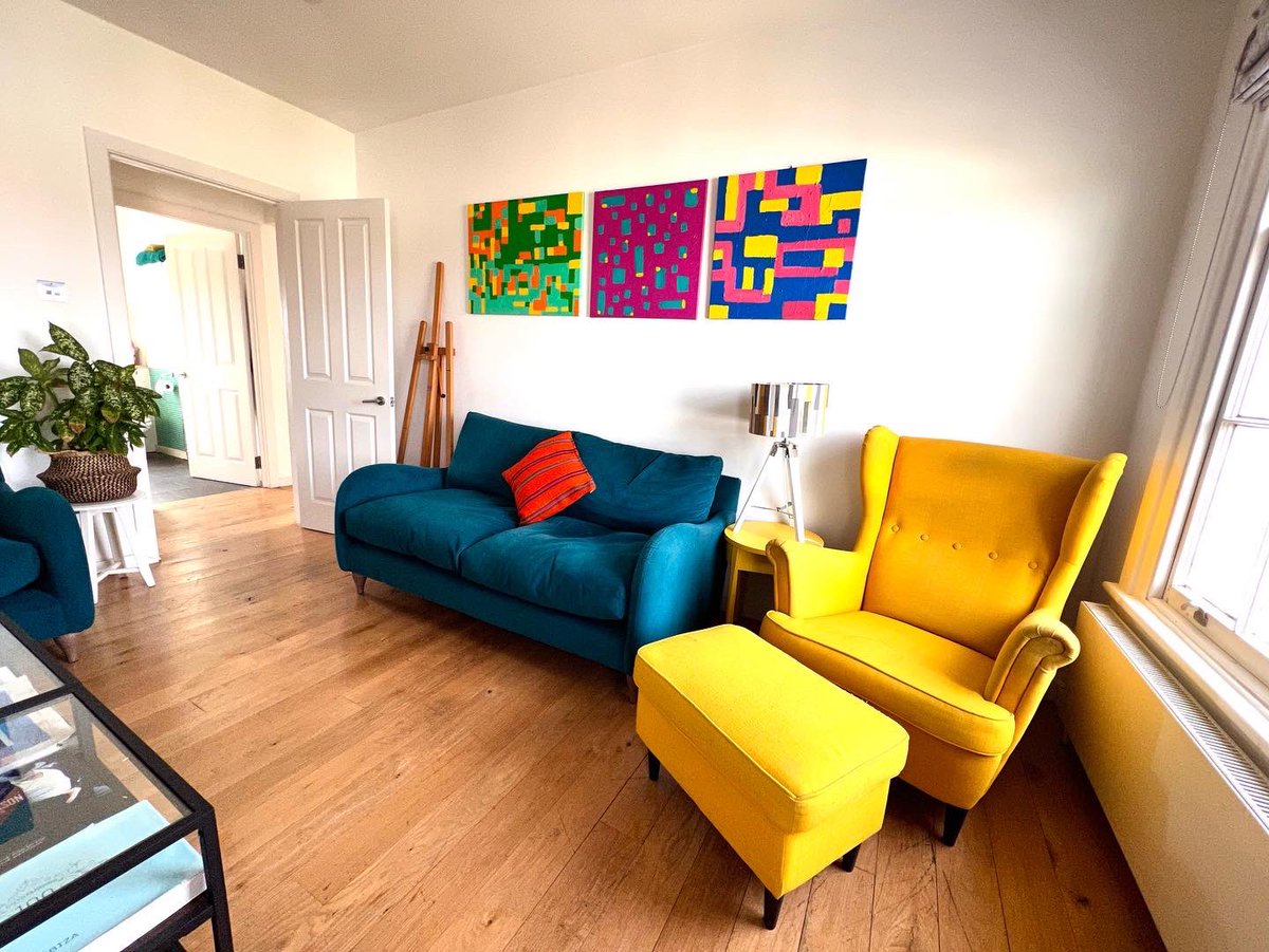 PatternAbstract's tweet image. Paintings up on the living room wall really brighten up the space, go very well with the mustard yellow armchair and legrest, the peacock green sofas and the cadmium orange cushion cover we got from Morocco.
It is a great space to chill out, relax, read a book, watch movies…