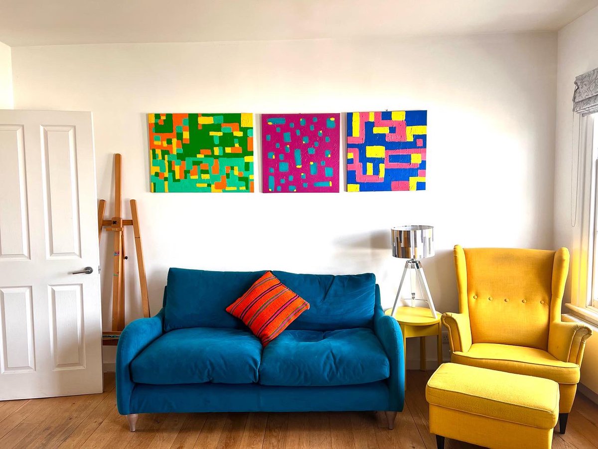 PatternAbstract's tweet image. Paintings up on the living room wall really brighten up the space, go very well with the mustard yellow armchair and legrest, the peacock green sofas and the cadmium orange cushion cover we got from Morocco.
It is a great space to chill out, relax, read a book, watch movies…