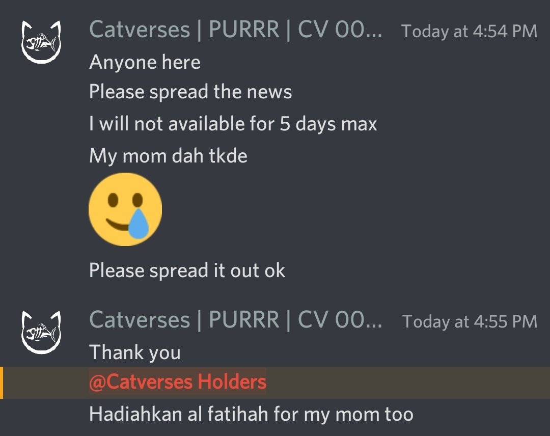 Just in.

Innalillah to my dearest friend here <a href="/ShaewalS/">Shaewal 🅿️URRA</a> aka <a href="/catverses/">Catverses PURRA</a> aka <a href="/PURRRSOCIETY/">PURRR SOCIETY MINT IS PAUSE</a>.

His mom just died and he's gonna offline for 5 days.

Let's take a silent moment and jom Sedekahkan Al Fatihah kepada his late mom guys.