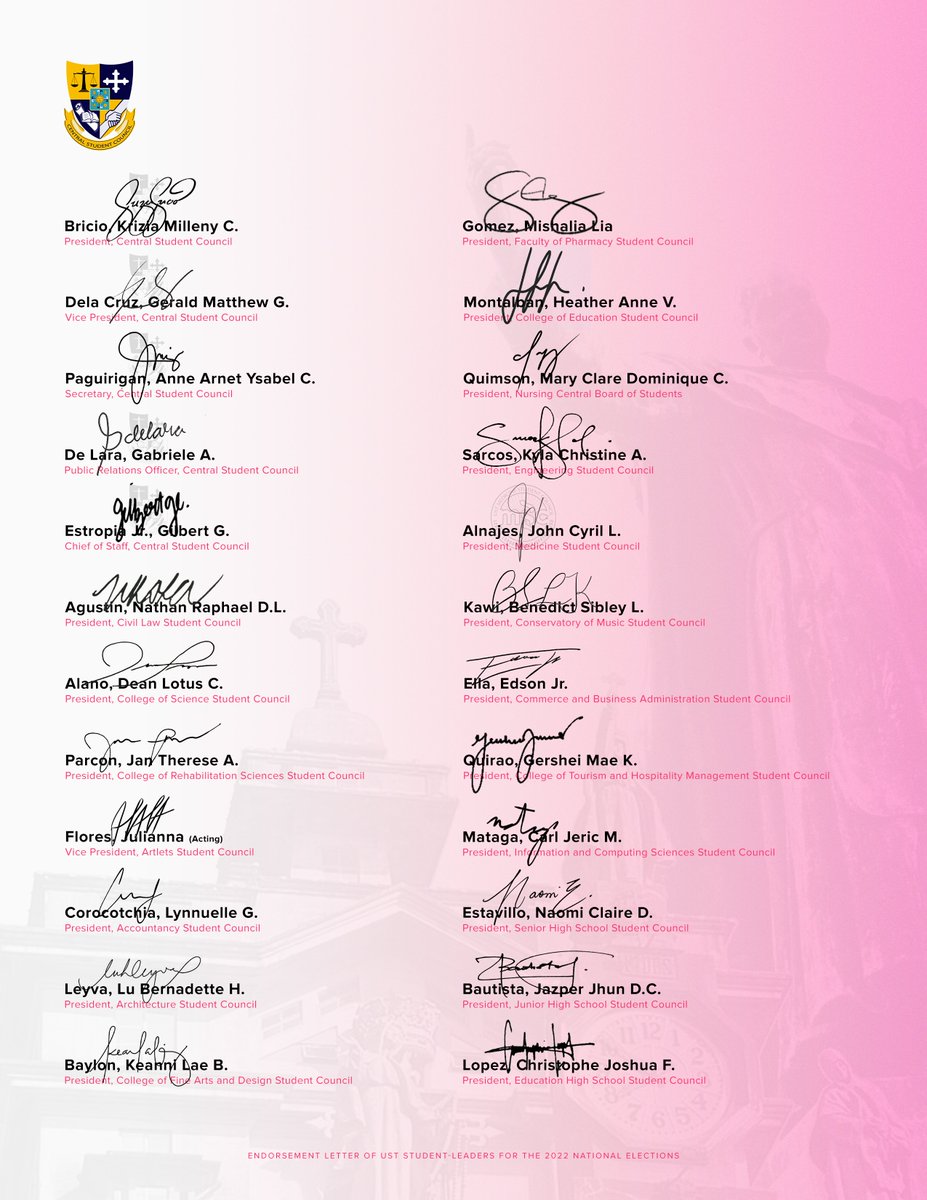 ust_csc's tweet photo. MUST-READ: MORE THAN 3,000 THOMASIAN STUDENT LEADERS SIGNS ENDORSEMENT LETTER FOR LENI-KIKO TANDEM

1/5

#ThomasiansForLeni
#LeniForPresident2022
#CSCAmplifyTheCall
#CSCCatalystOfChange https://t.co/1N5vnNDT86