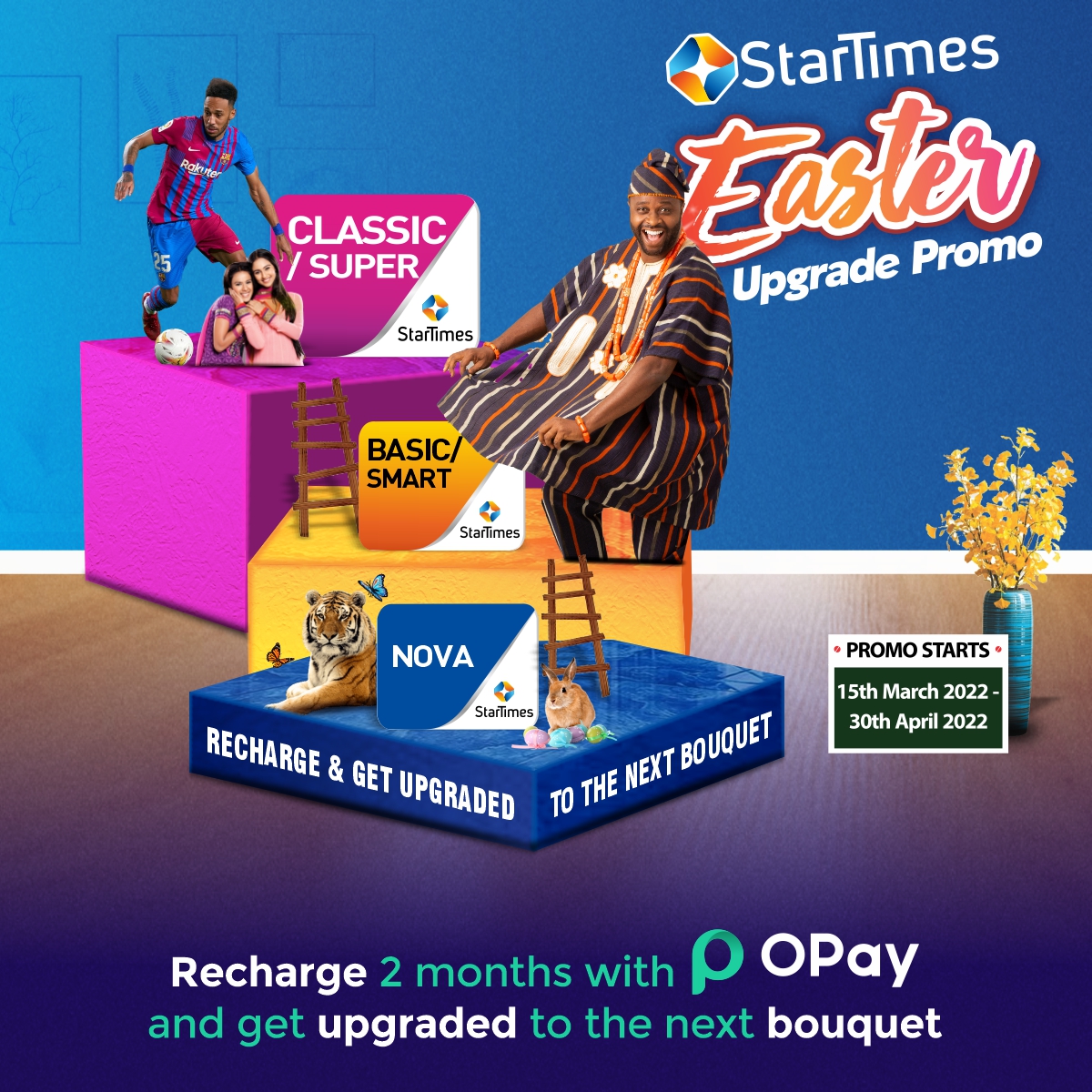StarTimes_Ng's tweet photo. The StarTimes #EasterUpgradePromo is still on and you can recharge on OPay!
Recharge for two months on your current bouquet and get upgraded to the next higher bouquet.
Get 7 days free if you are on Classic (DTT) or Super (DTH).
Promo ends April 30, 2022.
Ts and Cs apply https://t.co/IvITliDBsd