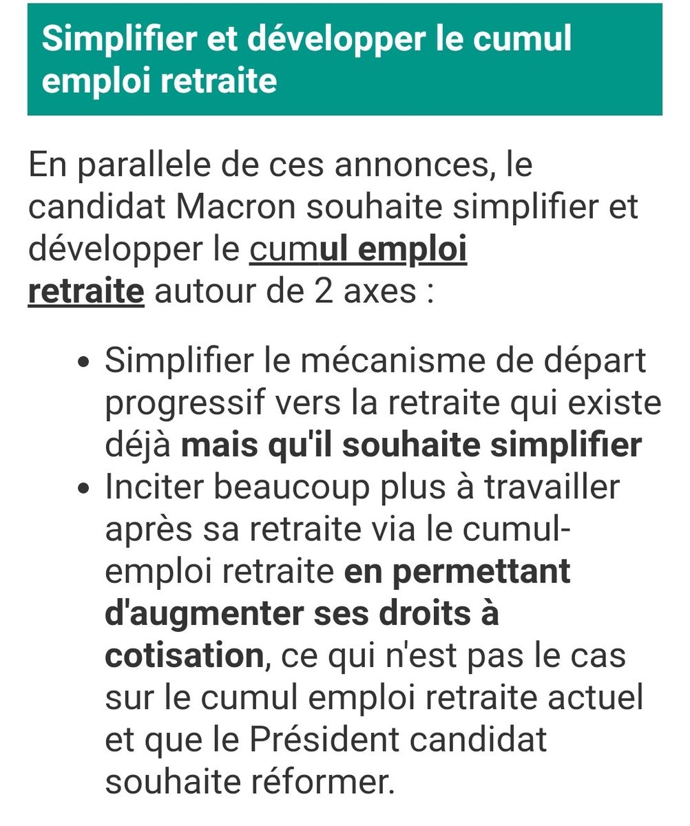 #Macron veut nous faire bosser jusqu'à minimum 65 ans mais en plus il veut créer le cumul emploi retraite car la majorité des Français ne pourront plus vivre juste avec leur retraite !! Alors les #JeVoteMacronAuDeuxiemeTour prêt à bosser jusqu'à la tombe ? 

#JeVoteMarineLePen