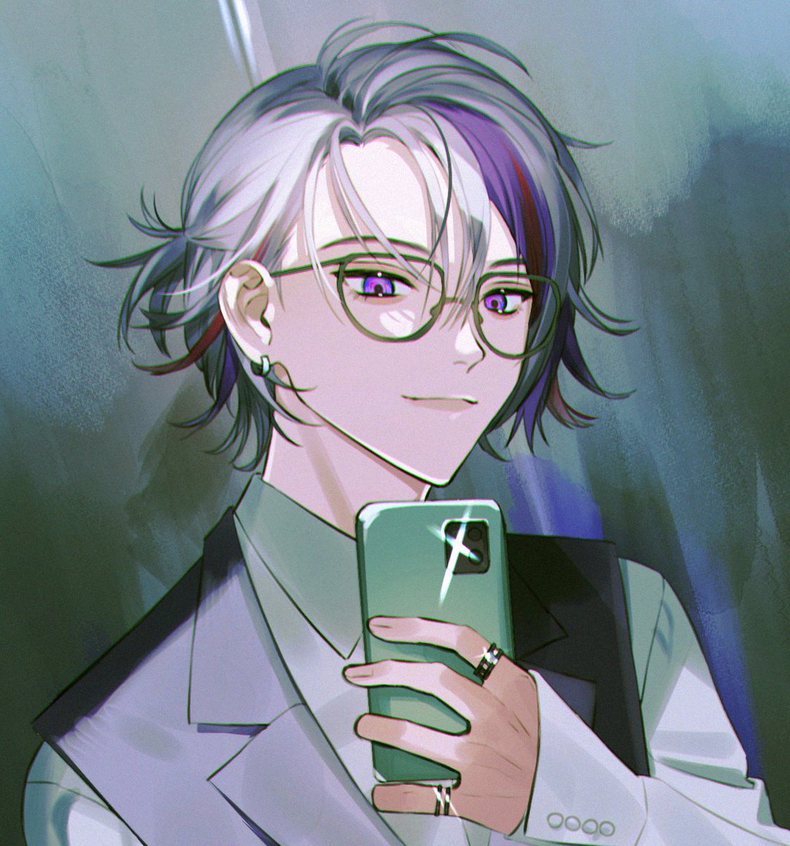 1boy male focus glasses solo phone streaked hair purple eyes  illustration images