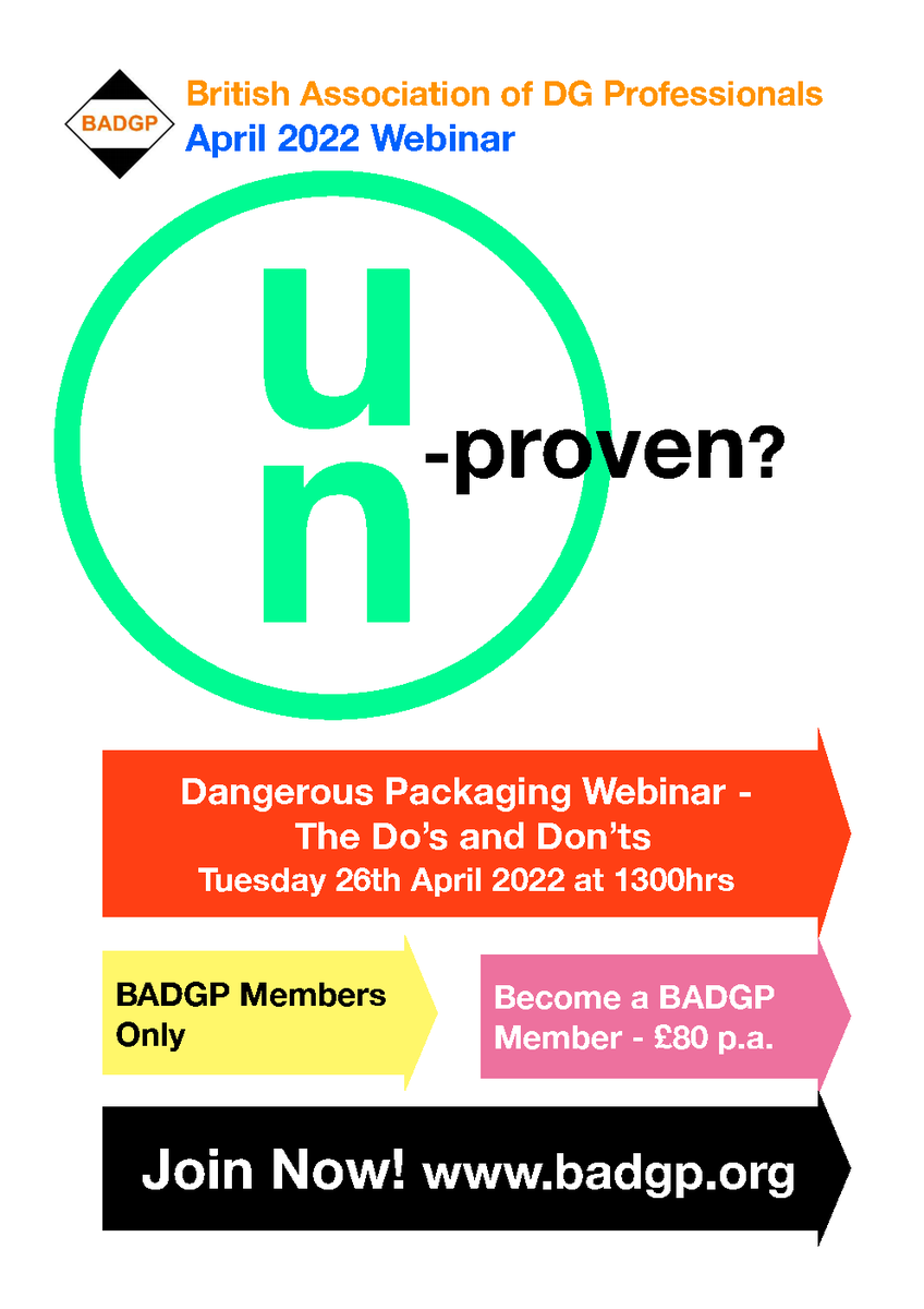 badgp_dgsa's tweet photo. BADGP Webinar: Dangerous Goods Packaging - Do's, Don'ts And Maybe's, Tuesday 26 April 2022, 13:00 BST.
For more information and to register please visit: https://t.co/IS7SYZNJP4
#packaging #dangerousgoods #badgp https://t.co/V6GjNlIjGO