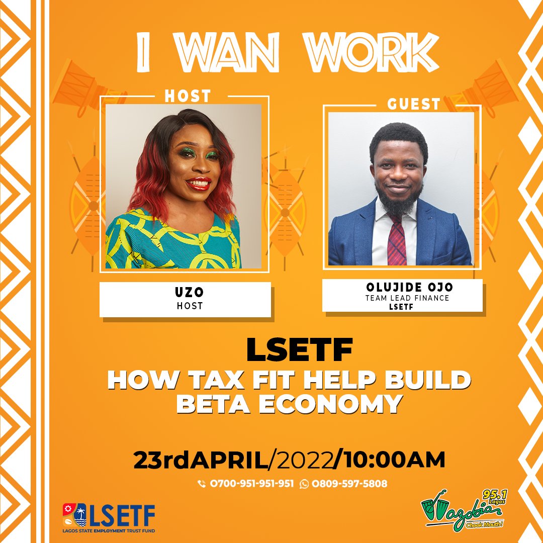 Wazobia_FM's tweet photo. Learn How Tax dey help us build beta economy.
Ontop #IWanWork @uzomaticuzo and @lsetf Sabi person Olujide Ojo Team Lead - Finance for LSETF dey tok about.
#chookmouth
☎️ 0700951951951
✉️ 08095975808
Listen to our shows ontop www.wazobiafm
#LSETF2022 #LSETF #ForAGreaterLagos https://t.co/Ifh4nvpa5b