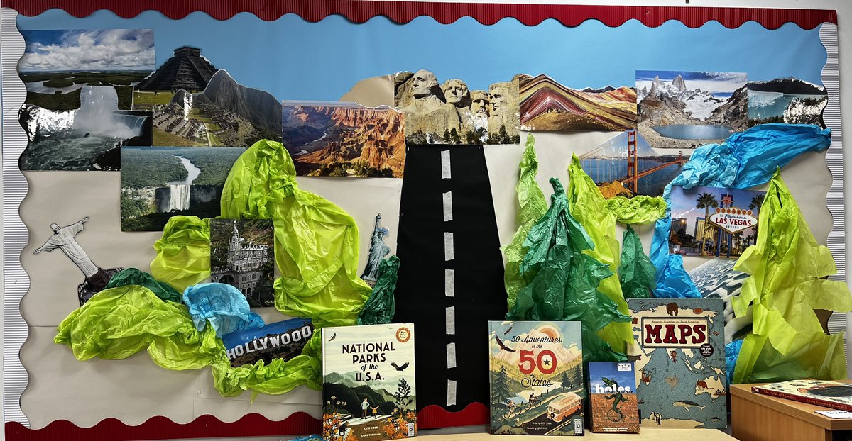 UTSMrsWest's tweet photo. I do love creating a dynamic display and getting to dress up for a topic! @UrsulaTaylorSch #newtermnewtopic #roadtrippin #primary #love4learning https://t.co/H6cUPHOpDY