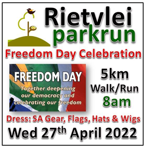 Don't forget our extra official Rietvlei parkrun on Freedom Day Wednesday 27 April at 08h00.