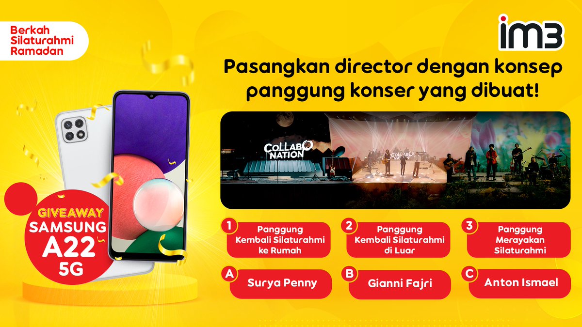 indosatim3's tweet image. Sebelum nonton #Collabonation Konser Silaturahmi Ramadan besok, coba jawab pertanyaan ini &amp;amp; dapatkan Samsung A22 5G dari IM3!

Clue: bit.ly/3xJAIxH

RT &amp;amp; reply sebanyak-banyaknya sampai 29 April, sertakan #KembaliSilaturahmi #Collabonation

S&amp;amp;K: bit.ly/3xPslRm