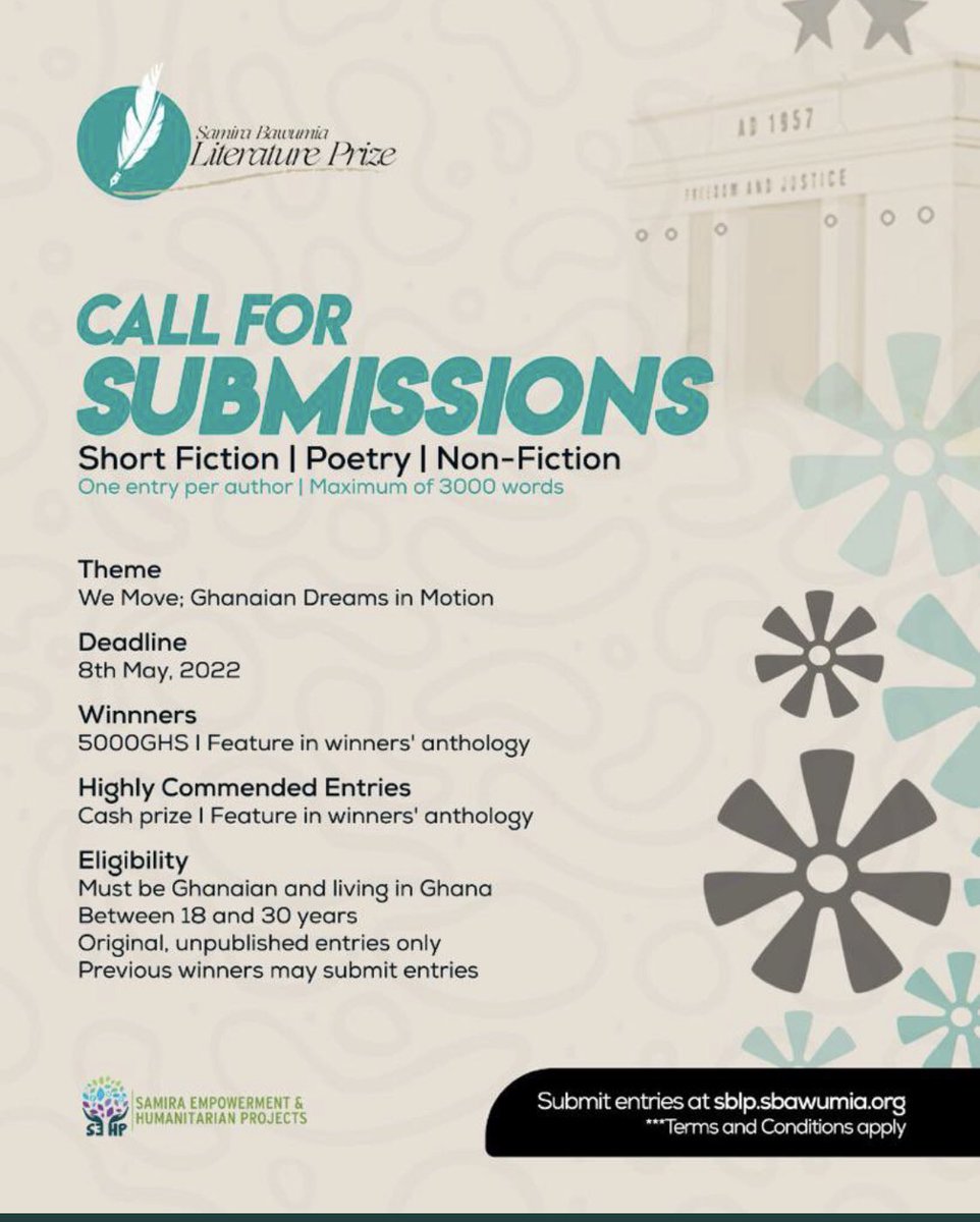 peaxhS_'s tweet image. The Samira Bawumia Literature Prize. Second Edition opened today.

Visit sblp@sbawumia.org to submit your entries. 

#LetsGetWriting
#EmpoweringCreativity
#WorldBookDay2022
#SamiraBawumiaLiteraturePrize2022