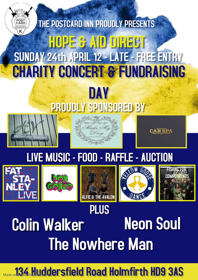 Fishing4Comp's tweet photo. We are very grateful to have the opportunity to play as part of this @hopeandaid charity concert and fundraising day at #ThePostcardInn #Holmfirth this Sunday ππ#fundraising #hopeandaiddirect #fundraisingforukraine For more information /to donate: https://t.co/tcLXErRRp9 https://t.co/U5X2aQ9Ru5