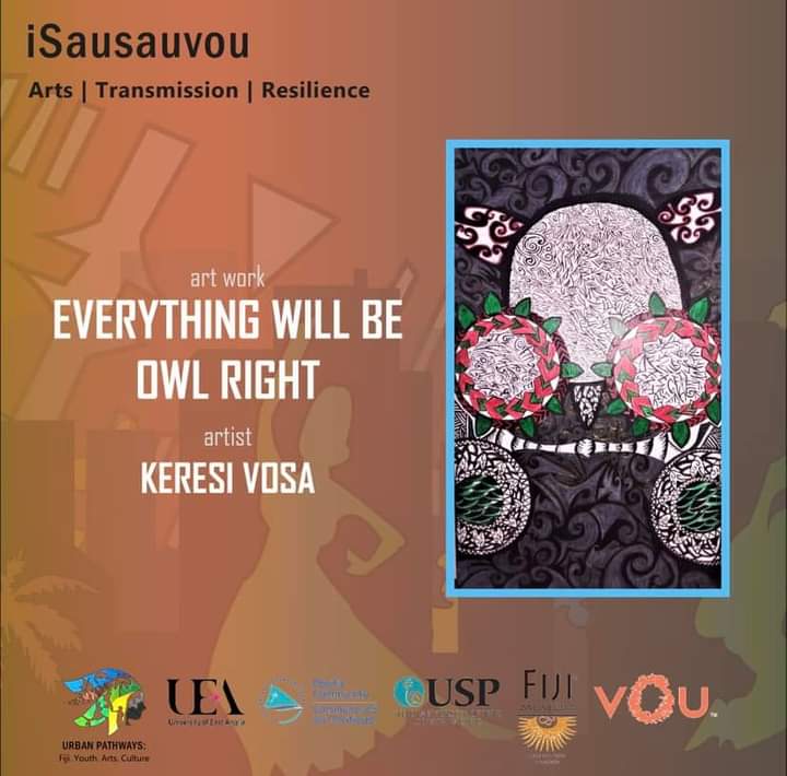 FijiMuseum's tweet photo. Featuring the youth artists in the ‘iSausauvou: Arts | Transmission | Resilience’ exhibition!

‘Everything Will Be Owl Right’ by Keresi Vosa

The owl symbolises the ability to see through times and to appreciate beauty and what those moments in life taught me.
#UrbanPathways https://t.co/copQi3dRJb