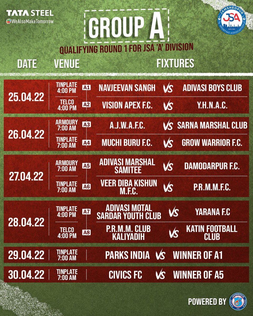 JSAJamshedpur's tweet photo. The wait is finally over. Local football is back with JSA League 'A' Division Qualifying.

Here are the fixtures for Round 1 of Qualifying. Send your best wishes for the local boys ahead of the tournament.

Read now: https://t.co/V6ICngari1

#JamKeKhelo #JSALeague https://t.co/OgdVBZlegR