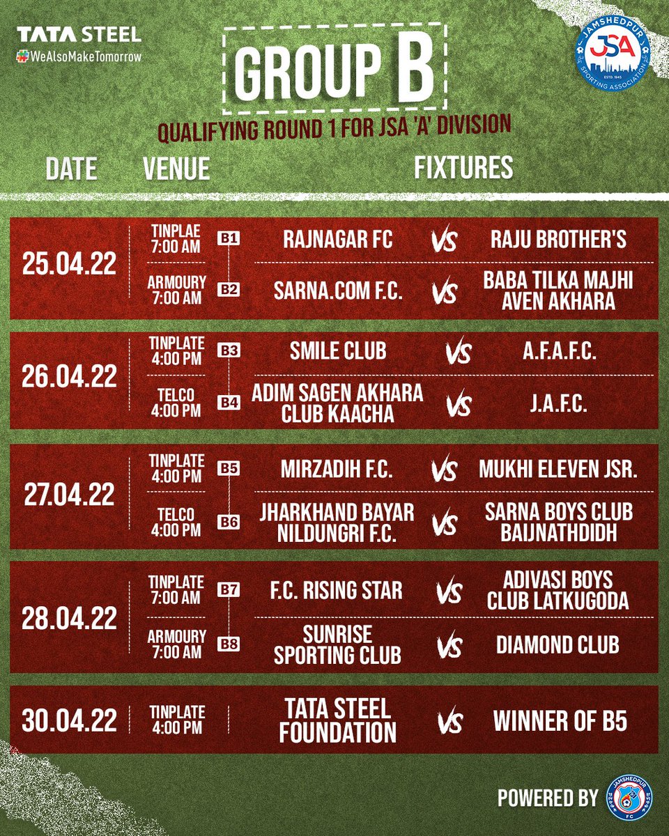 JSAJamshedpur's tweet photo. The wait is finally over. Local football is back with JSA League 'A' Division Qualifying.

Here are the fixtures for Round 1 of Qualifying. Send your best wishes for the local boys ahead of the tournament.

Read now: https://t.co/V6ICngari1

#JamKeKhelo #JSALeague https://t.co/OgdVBZlegR