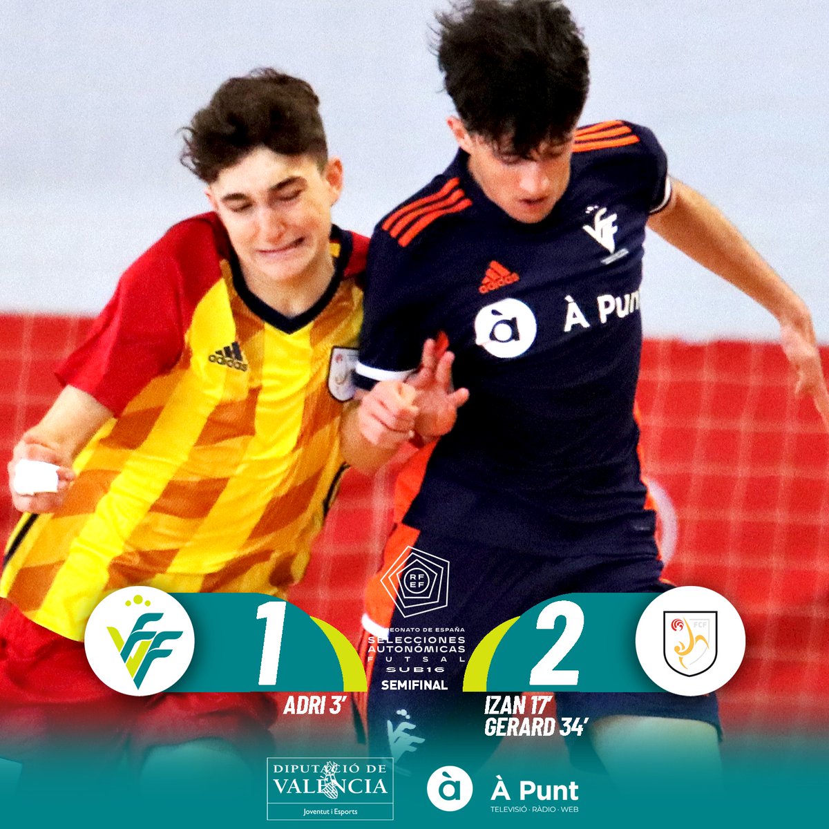FFCV_info's tweet photo. | SELECCIÓ |

🙌🏼 Per a enmarcar el Campionat d'Espanya de la Selecció sub16 🙌🏼

1️⃣ Selecció Valenciana masc. sub16 🔵
              🆚
2️⃣ @FCF_CAT  🔴🟡

#SomValenciana🔹🔸❤️ https://t.co/0aV2VoIO3U