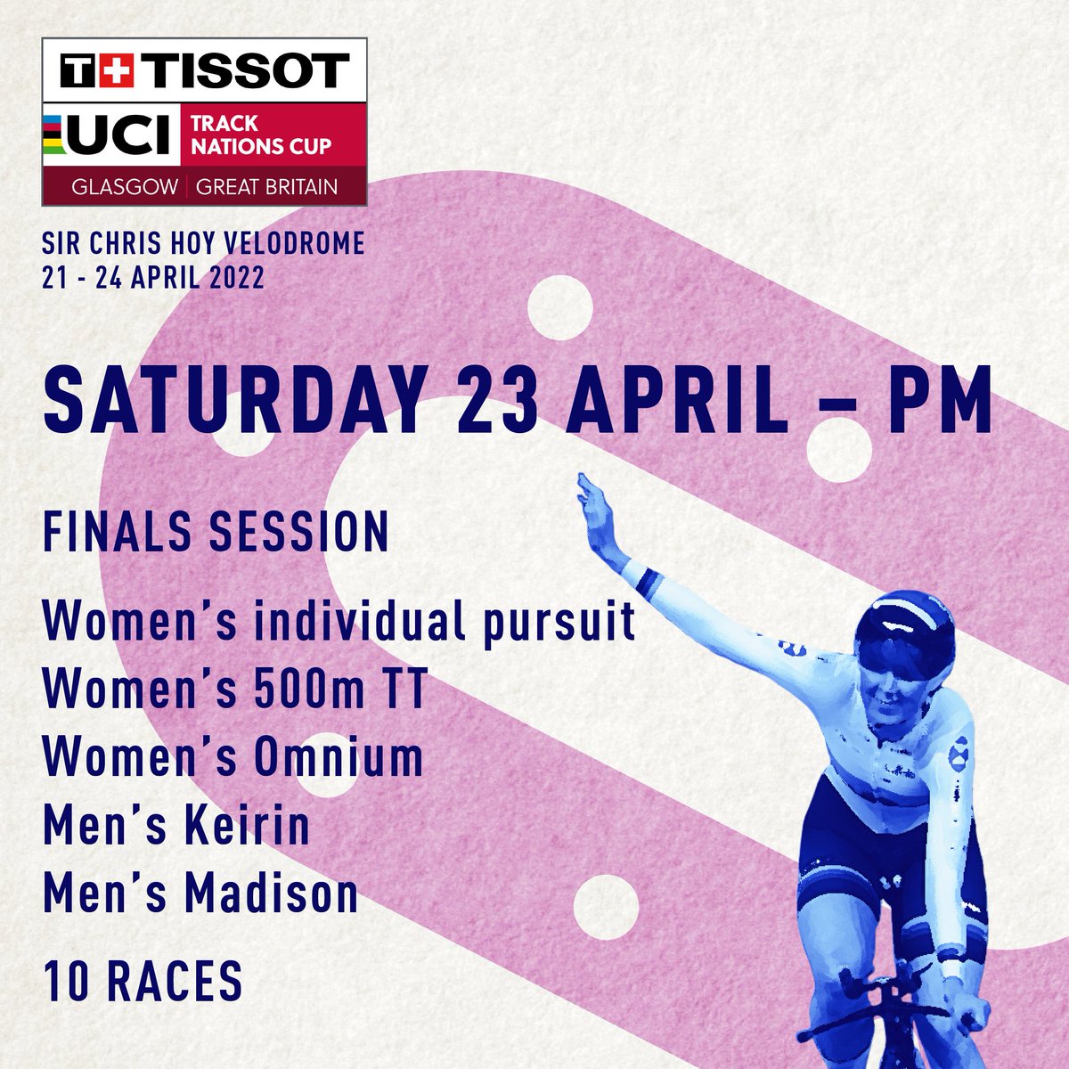 Kicking off the weekend with 2022 #TissotNationsCup Day 3 🤩

We'll be covering the action track-side...
500M TT
Omnium
Keirin
Madison

It's a full house today, so should be a good one! There's still time to get your tickets: Ticketmaster.co.uk/Tissot-UCI-Tra…