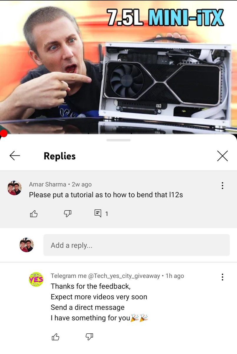 Amaromega's tweet photo. @TechYESCity 
Just found a reply on your video from a rip off from your name I guess, or is it you just playin.

This was replied to me on your latest sff build

Here's the link to his channel https://t.co/pNIRx482Ti https://t.co/HflrT01Q6R