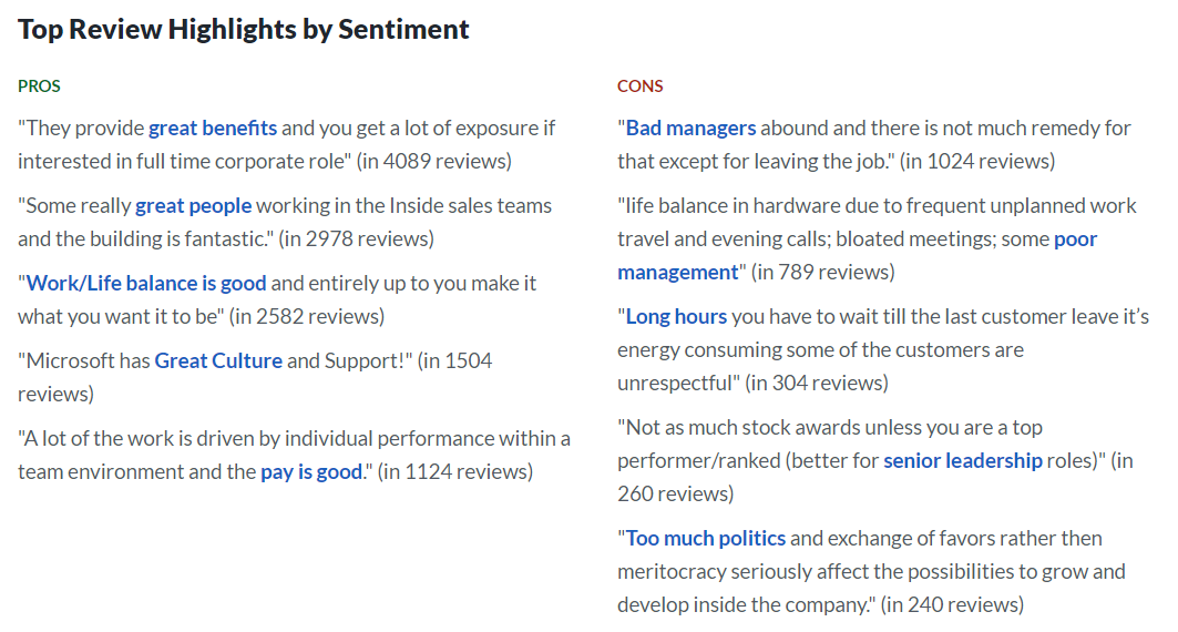 Glassdoor has a cool feature that summarizes pro / con sentiment from company reviews. Looking at top companies, most negative reviews have 3 things in common:- bad management- poor work/life balance- political environmentsCould you build a product around one of those?