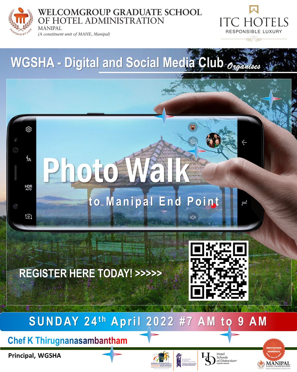WManipal's tweet photo. Digital and Social Media Club of WGSHA happy to announce joyful learning activity ‘Photo Walk’ to Manipal End Point on Sunday April 24, 2022
#LetusClick
@ThiruChef @ITCHotels @MAHE_Manipal
#Digital #SocialMediaClub #Photowalk #Manipal #Ednpoint #Hospitality #Culinary #Phtography https://t.co/Ew96PxhLb8