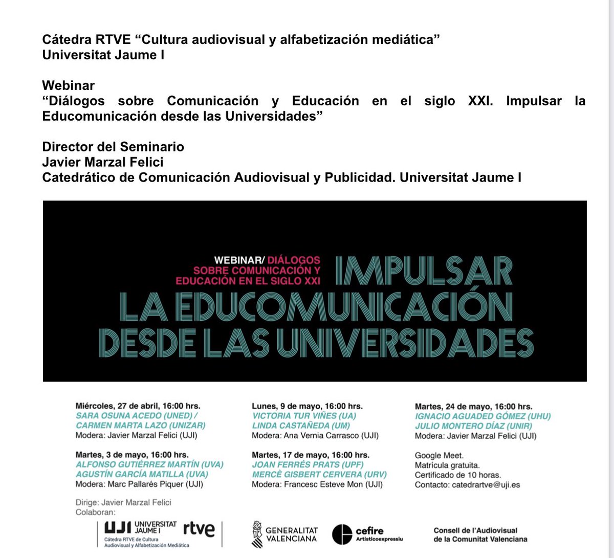 soacedo's tweet photo. Os esperamos el próximo miércoles, día 27 de abril, a las 16 horas. Participamos en los diálogos del #webinar sobre cómo Impulsar la #Educomunicación desde las #universidades con @cmartalazo, en ciclo  organizado por Cátedra @rtve de @UJIuniversitat
 ¡No os lo perdáis!  .@UNED https://t.co/ZinnBJiZEI