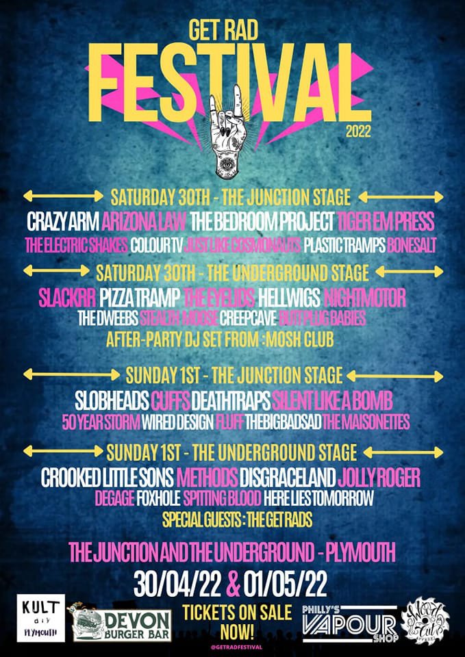 A rare tweet from camp Crazy Arm! It's Get Rad Fest in Plymouth next weekend. We play alongside so many great bands including <a href="/PizzaTrampUK/">PizzaTramp</a> <a href="/TheEyelids/">The Eyelids</a> <a href="/Slackrr_/">Slackrr</a> <a href="/SlobHeads/">SLOBHEADS</a> and <a href="/Deathtraps/">BE EVIL</a>. Sat 30th and Sun 1st. Tickets from blacksailrecordsuk.bigcartel.com 🖤