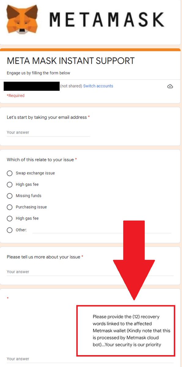 melberry_nft's tweet photo. If you saw someone ask you to fill in this form saying that they can help you with your metamask issue, DON'T BELIEVE THEM! especially when they ask for your seed phrase/recovery words!
#Metamask #nft #cryptocurrecy #opensea https://t.co/qj9gNeUOCX