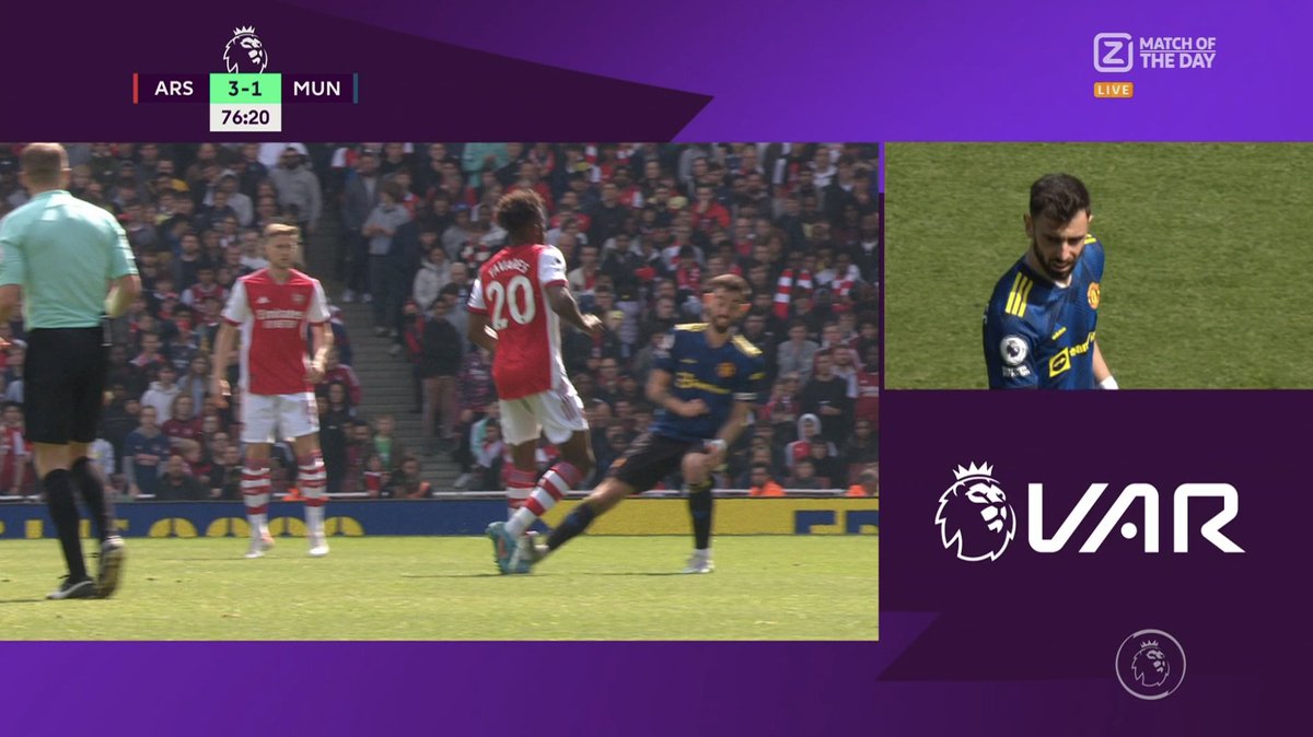 PoorEPLreferees's tweet photo. Yes, Bruno Fernandes should have been sent off, but I think they decided to let him off because he's been playing for Arsenal today https://t.co/vm6LatOV7h