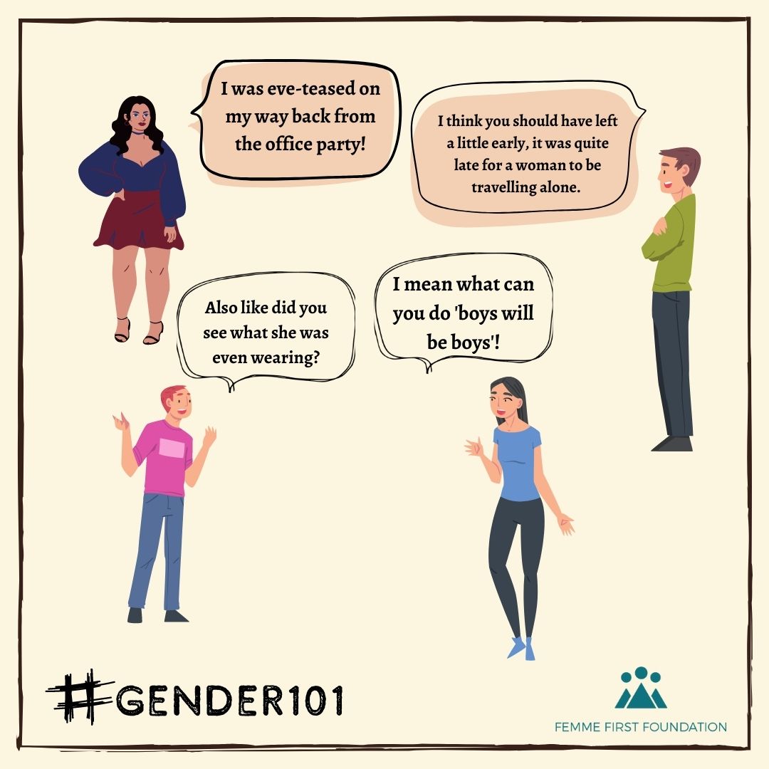 FemmeFirstF's tweet photo. The internalisation of patriarchal norms and the everyday behaviour that provide a free pass to perpetrators of sexual abuse is rampant in our culture. In our #Gender101 we debunk some of these insidious norms that perpetuate rape culture. 
#accountability #norapeculture https://t.co/8ba6zMXsdV