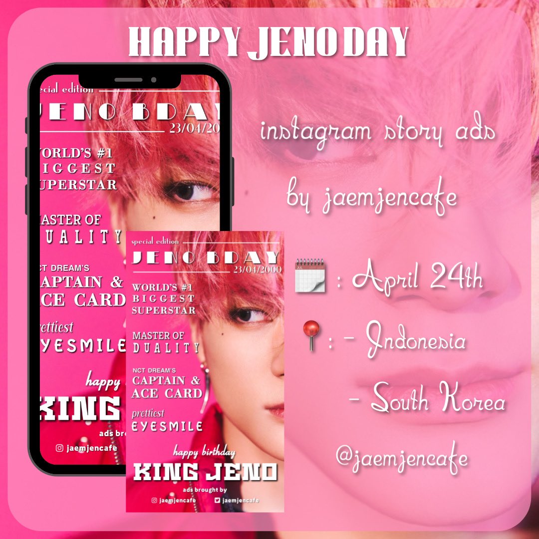 jaemjencafe's tweet photo. — instagram ads for jeno day by jaemjencafe 💕—

- day : april 24th
- duration : 24hrs
- location : 🇮🇩🇰🇷

kindly tag us when you come across it &amp; happy jeno day everyone 🥳💕

#HAPPYJENODAY 
#OurBirthdayBoy_JenoDay 
#제노의_멋진_스물셋_꿈꾸느라_밤새 https://t.co/iO4noDD0U3