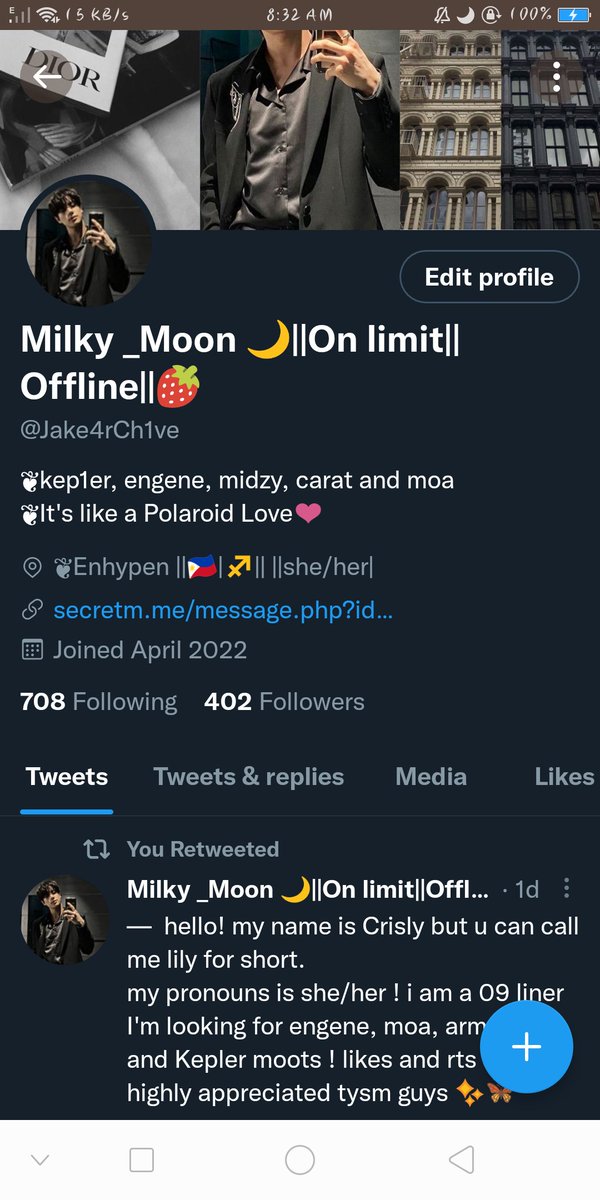introduction ♡

hi , I'm crisly! pronouns are she/her ,filo.  feed will mostly be kpop related + reading wattpad/au. ults are [ enha , twice , txt , itzy , bts , kep1er] 

♡ looking for interactive moots esp engenes , onces &amp; moas !

My first acc was suspended (@Jakr4rch1ve)