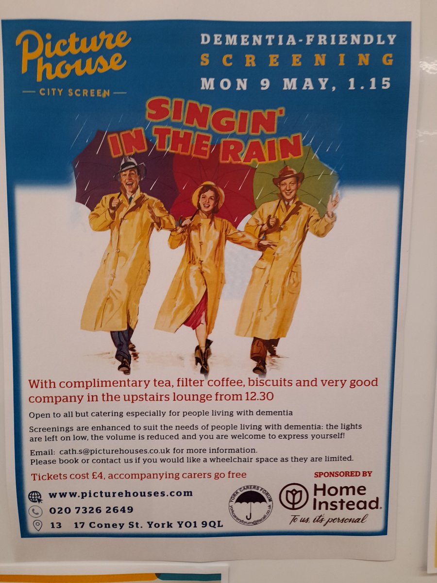 Emma_Kumquat's tweet photo. Dementia-friendly showing of that classic Singing in the Rain, Monday 9th May at 1.15. Great idea - thank you York Picturehouse! #dementia #singingintherain #bestmusicalever #treatyourself https://t.co/yICwm4fq3B
