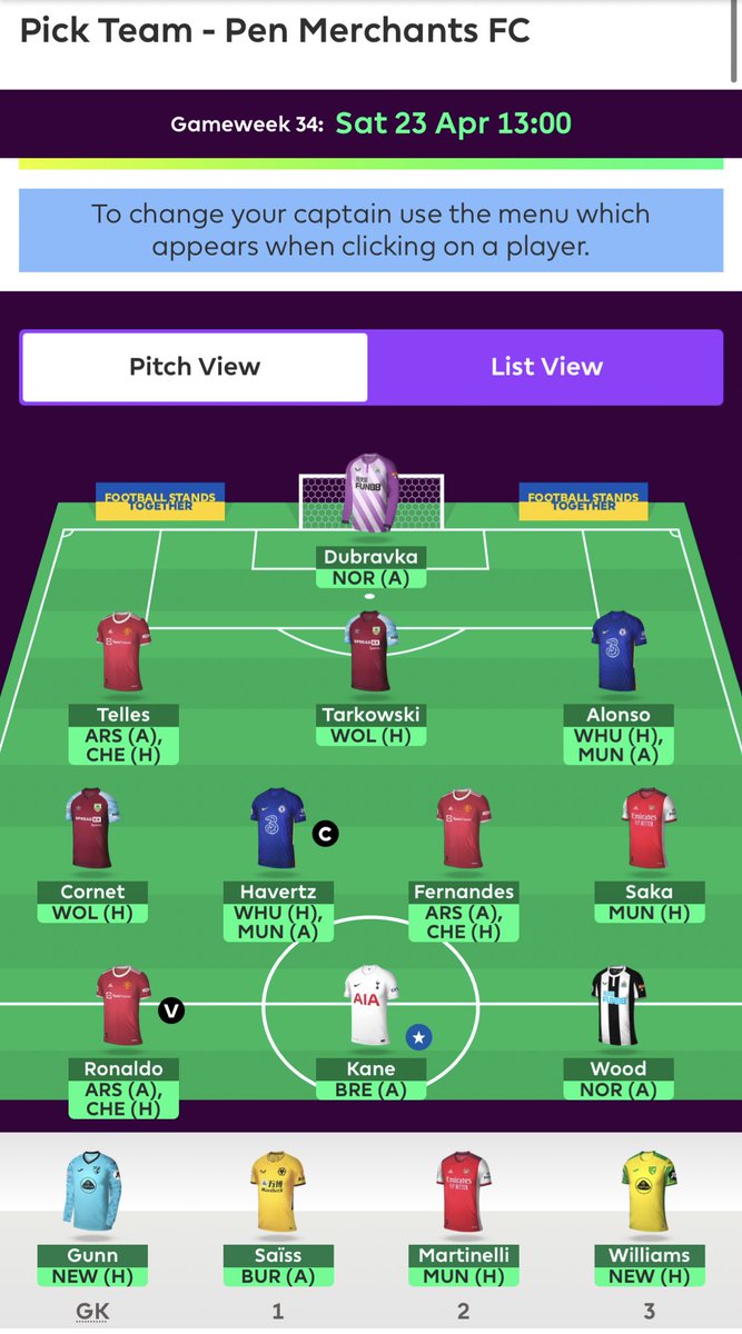Gw 34 🔒:

-Decided not to use the wildcard this gw and gamble on my triple united
-Havertz 🧢 
-Rudiger➡️Alonso
-Please stay quiet Salah🙏

#FPL #FPLCommunity #GW34