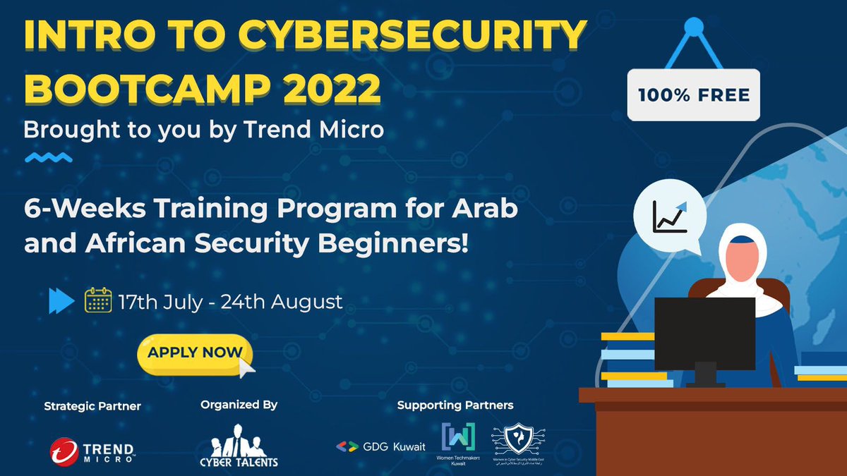 Are you ready to get started in your cybersecurity career? 🧑🏻‍💻👩🏻‍💻

FREE Cybersecurity Bootcamp organized by CyberTalents and brought by Trend Micro for students and fresh grads (18-30) in Arab and African countries 🚀

➡ Registration ends on 20th May 2022
bit.ly/3JOABn2