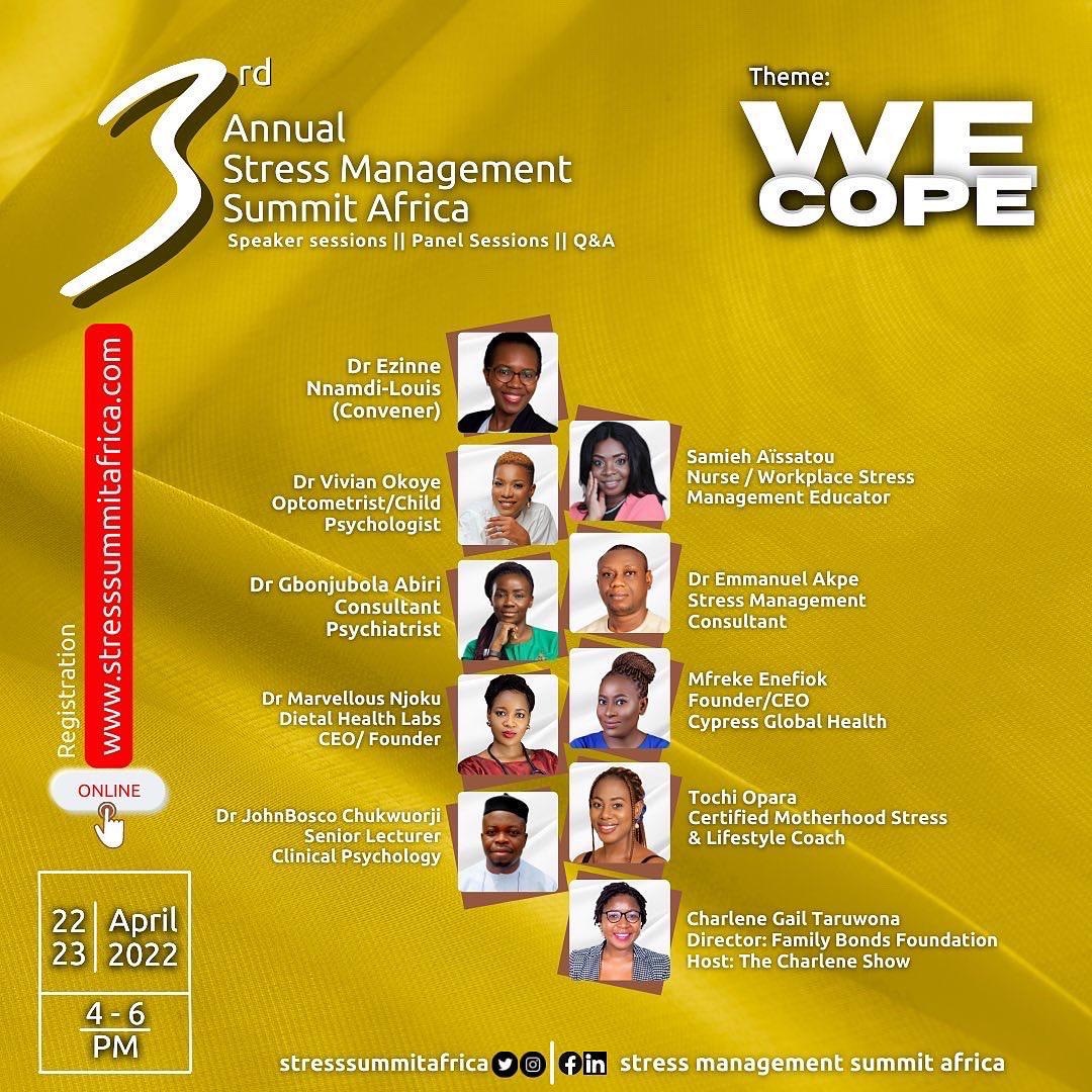 The 3rd Annual <a href="/Stresssummitafr/">Stress Management Summit Africa</a> is happening April 22 &amp; 23. Our Director <a href="/charlenegail9/">Charlene G Taruwona</a> will be one of the panelists on day 2.
It’s FREE. Click here to get a notification: youtu.be/qE879f1fVVY

Lets learn how to manage our stress
<a href="/dr_ezinne/">Ezinne Nnamdi-louis</a>
#wecope2022 #stresssummitafrica2022