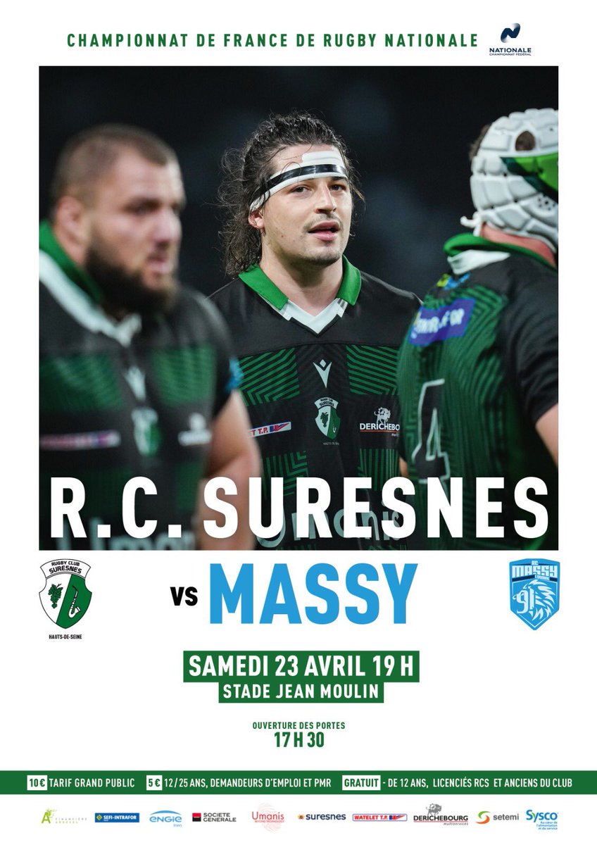 💚JOUR DE MATCH🖤

Dernière à domicile pour nos #VertsEtNoirs contre <a href="/RCME91/">Rugby Club Massy Essonne</a> à 19h au stade Jean Moulin

⏰ouverture des portes 17h30
🎟Gratuit pour les étudiants 
🍻🥪Buvette et Snacking ouverts 
👕Boutique
🎷Fanfare 
🔊DJ 22h-02h

A tout a l’heure 😉😉

<a href="/villedesuresnes/">Ville de Suresnes</a>