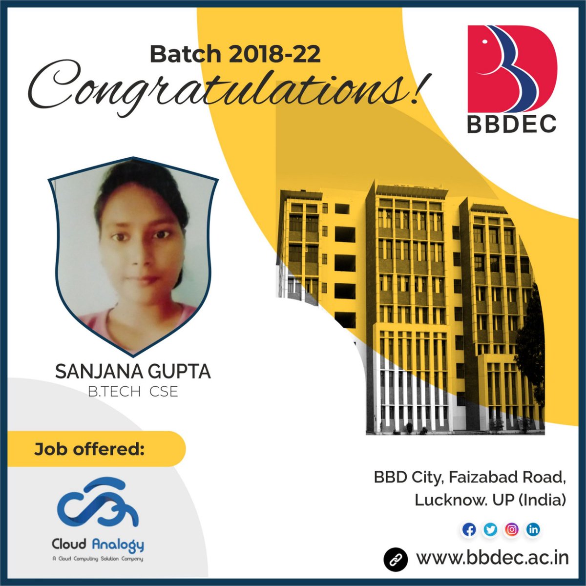 bbdec_official's tweet photo. 🎉 ||Congratulations||Placements||👏
BBDEC Congratulates the students of https://t.co/SMw1Jw8yq7. ,who got selected in Cloud Analogy
#Congratulations #placement #achievement #career #recruitment #engineering #informationtechnology #computerscience #BBDEC #BBDECPlacement https://t.co/hVByYjHIyL
