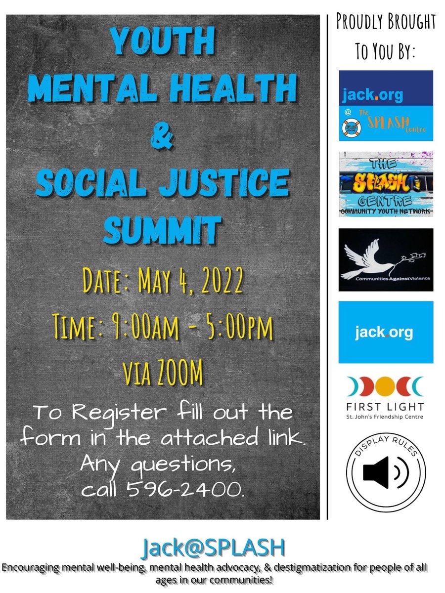 SPLASH, Jack@SPLASH Chapter &amp; other amazing organizations are hosting our first annual Youth Mental Health &amp; Social Justice Summit. Take part in a day of action and advocacy! #GetReal about how to help.
<a href="/jackdotorg/">Jack.org</a> <a href="/PamNParsons/">Pam Parsons - HarbourGracePortdeGrave</a> <a href="/ccsentinels/">Carbonear Collegiate</a> @AscensionAstros @CrescentCoyote