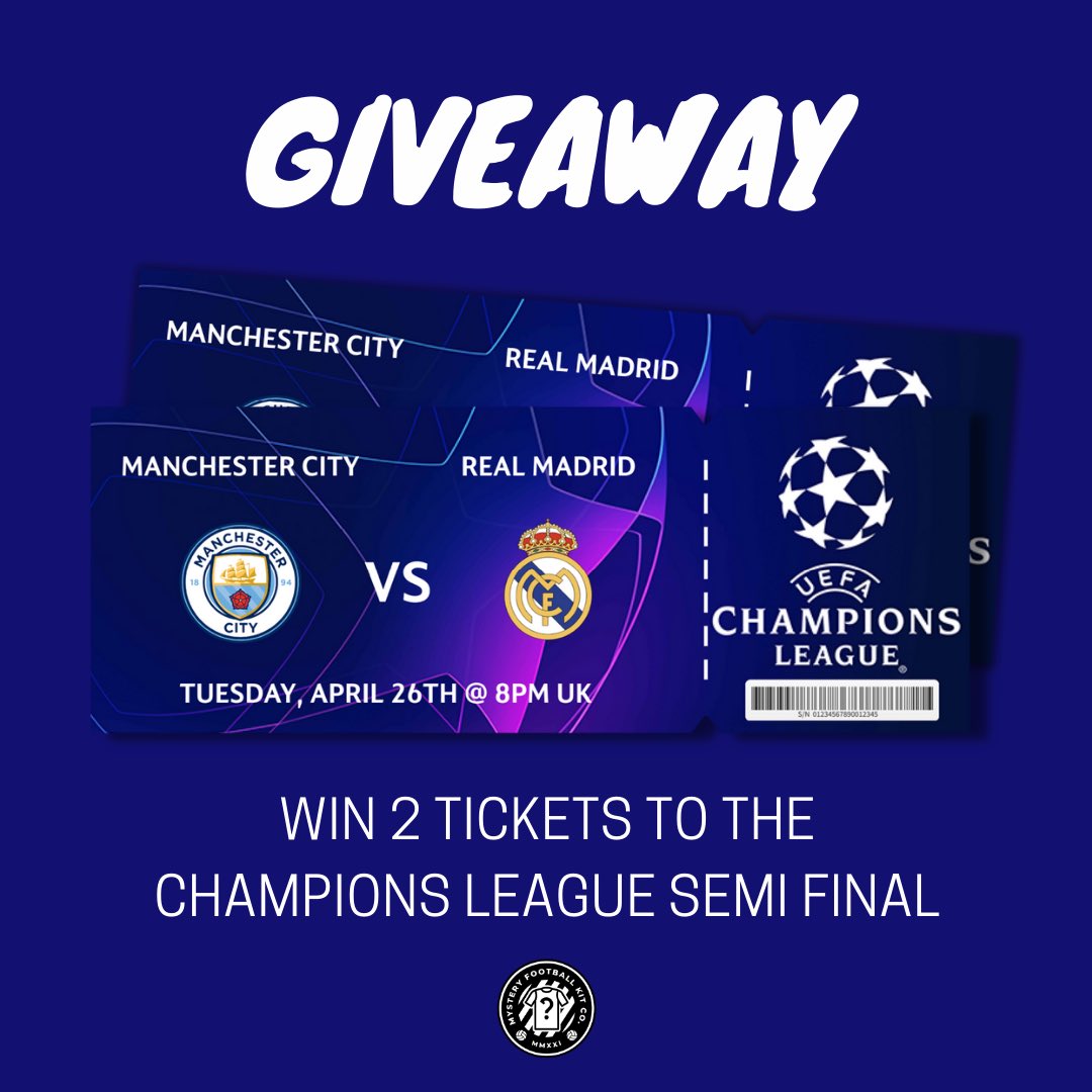 Champions League Semi Final Giveaway 🔥 We’re giving away 2 tickets to Manchester City vs Real Madrid ⚽️ To Enter👇 Follow @MysteryFootyco & @sportening Retweet this tweet ♻️ Tag a friend you’ll take with you 🏷 Good Luck ☘️