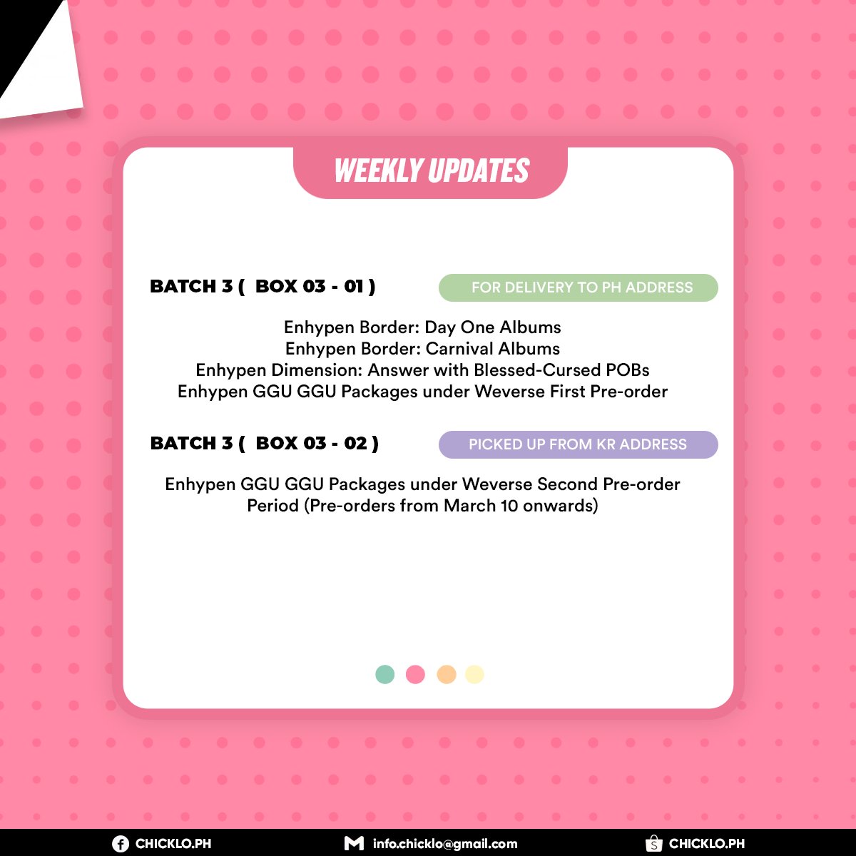 chickloph's tweet photo. #ChicklóUpdates

This mass update is as of April 23, 2022. Our box 03-01 is currently on process in Manila Customs, while Box 03-02 has been picked up from our KR warehouse. If you have clarifications, concerns and so forth, kindly reach us at info.chicklo@gmail.com/dm! 🤍 https://t.co/DhcfiRGHst