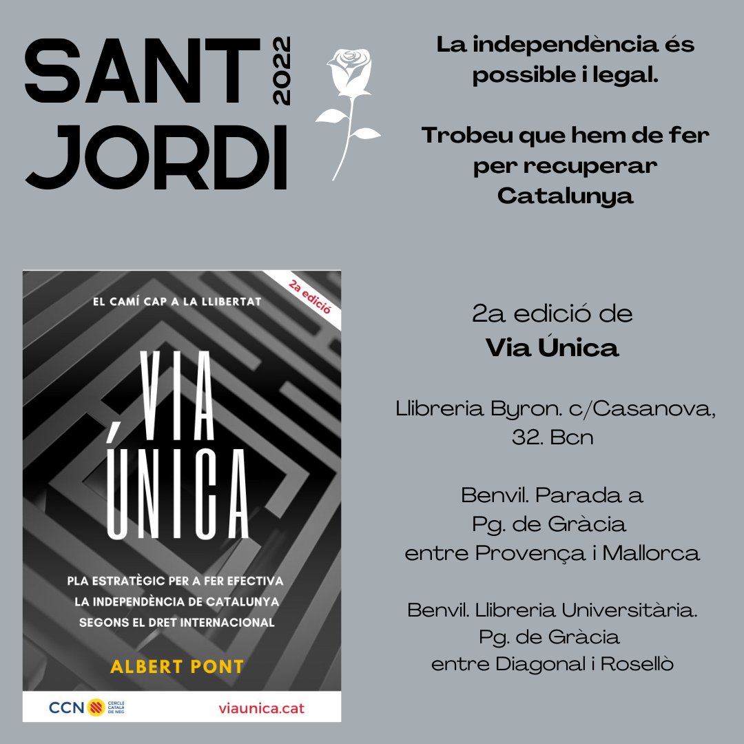 Trobeu avui la Segona Edició de Via Única a:
📍 Llibreria Byron. c/Casanova, 32. Bcn
📍 Benvil. Parada a Passeig de Gràcia entre Provença i Mallorca
📍 Benvil. Llibreria Universitària. Pg. de Gràcia entre Diagonal i Rosellò