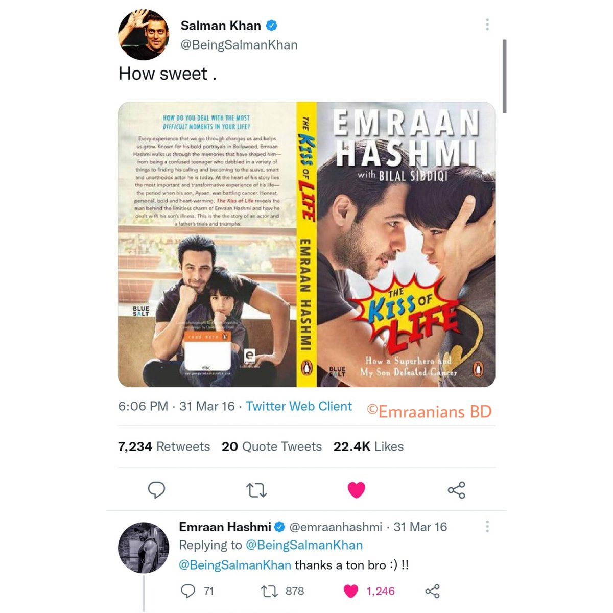 EmraaniansBD's tweet photo. #Throwback to 2016,
Some of the bollywood actors who loved and supported @emraanhashmi's book #TheKissOfLife.💙
.
.
.
.
.
@akshaykumar @BeingSalmanKhan @iamsrk @iHrithik #WorldBookDay #EmraanHashmi #AkshayKumar #SalmanKhan #ShahRukhKhan #HrithikRoshan #EmraaniansBD https://t.co/NJ1d0essaS
